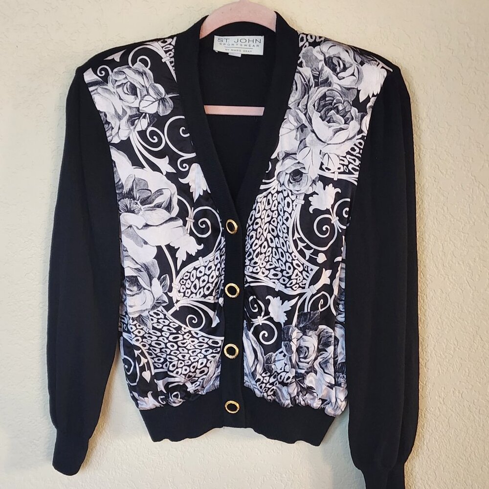 Vintage St John Sweater Cardigan Santana Knit Black Floral V-neck Buttons Small